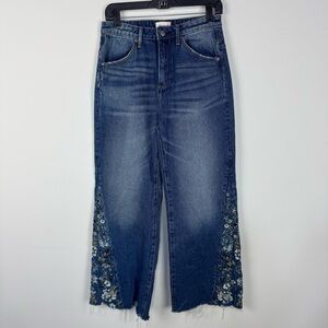 Driftwood Floral Embroidered Wide Leg High Rise Denim Jeans Boho Casual Brunch